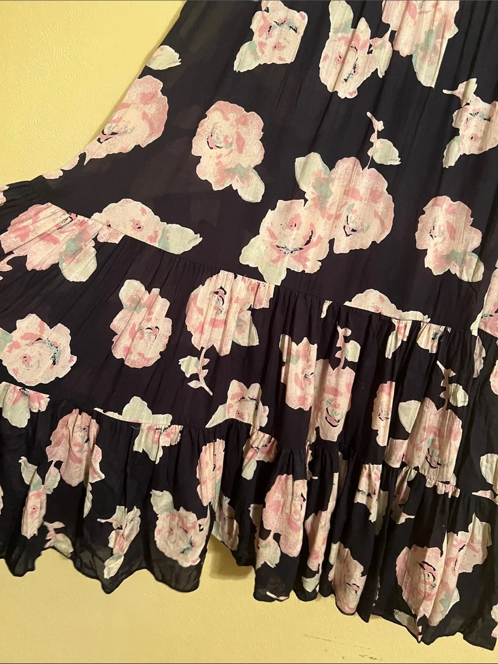 Free People Black Floral Mini Dress with Pink Flowers